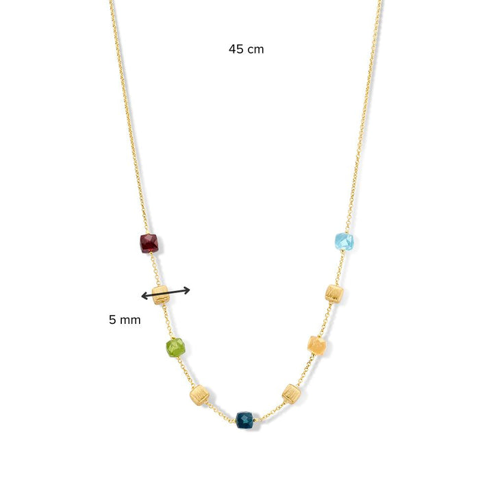 Geelgouden Collier met Matte Gouden Blokjes & Multicolor Edelstenen – 14 Karaat Goud