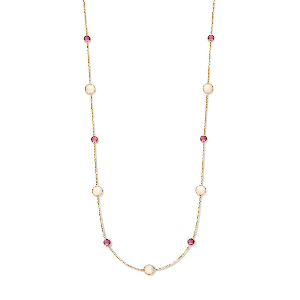 Geelgouden collier van 14 karaat met afwisselend robijnen en maanstenen in ronde schakels.