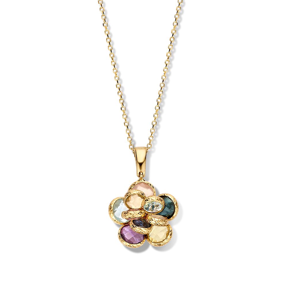 Geelgouden collier met een bloemenhanger en multicolor edelstenen in verschillende vormen.