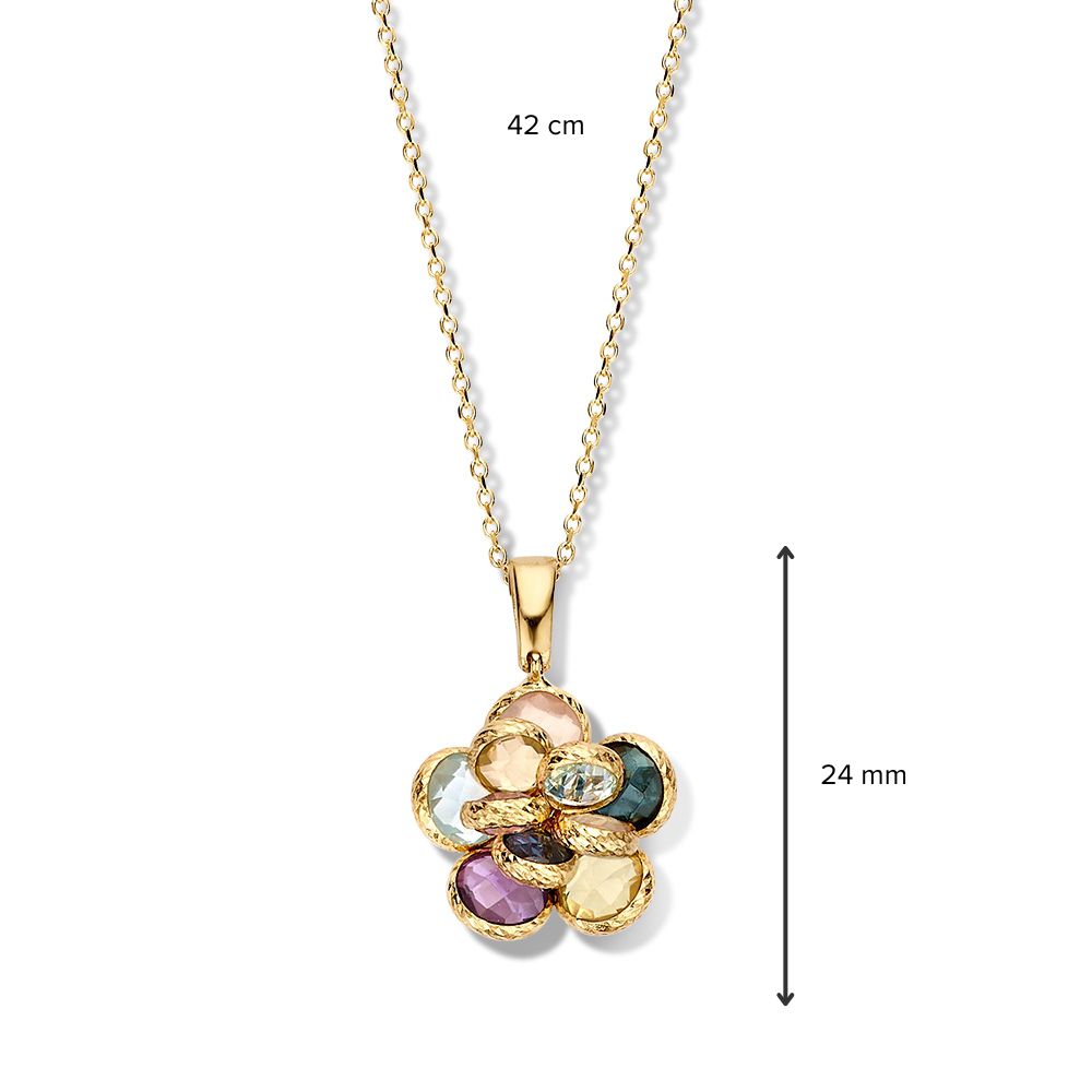 Geelgouden Collier met Bloemenhanger & Multicolor Edelstenen – 14 Karaat Goud