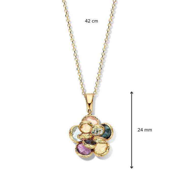 Geelgouden Collier met Bloemenhanger & Multicolor Edelstenen – 14 Karaat Goud