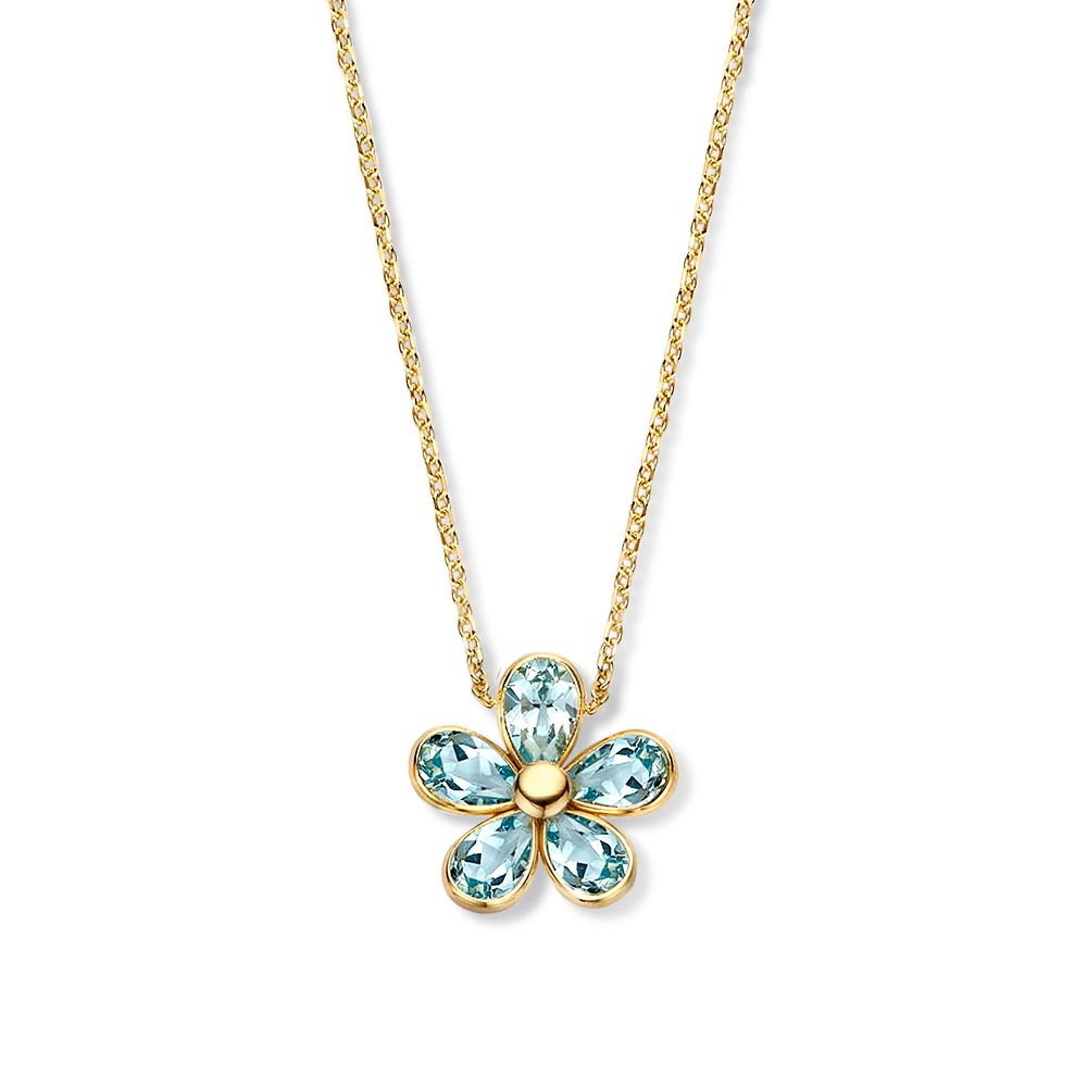 Geelgouden collier met een speelse bloemhanger, bezet met blauwe topaasstenen.