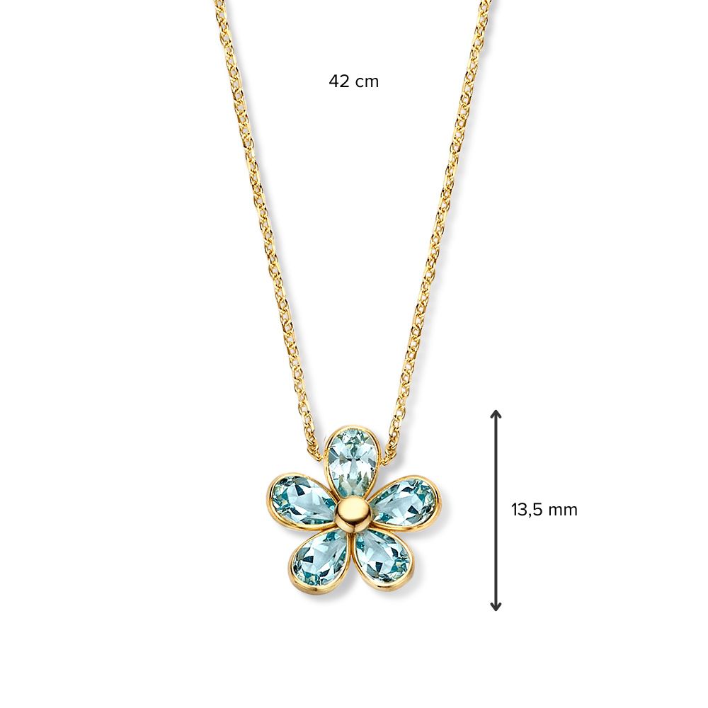 Geelgouden Collier met Speelse Bloemhanger & Blauwe Topaas – 14 Karaat Goud