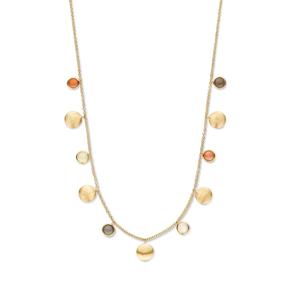 Geelgouden ketting met ronde gouden elementen en multicolor maansteen, 14 karaat goud.