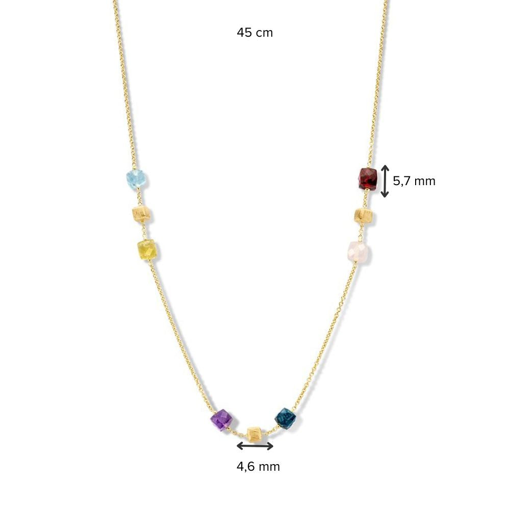 Geelgouden Collier met Matgouden Elementen & Multicolor Edelstenen – 14 Karaat Goud