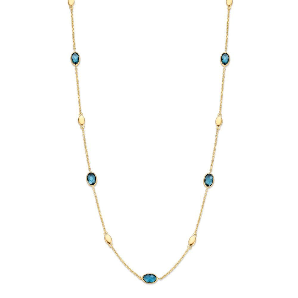 Geelgouden collier van 14 karaat met blauwe topaas, 45 cm lang, met afwisselend ovale schakels.