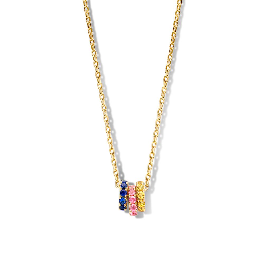 Geelgouden collier met drie gouden hangers, versierd met gekleurde saffieren in een kleurverloop.