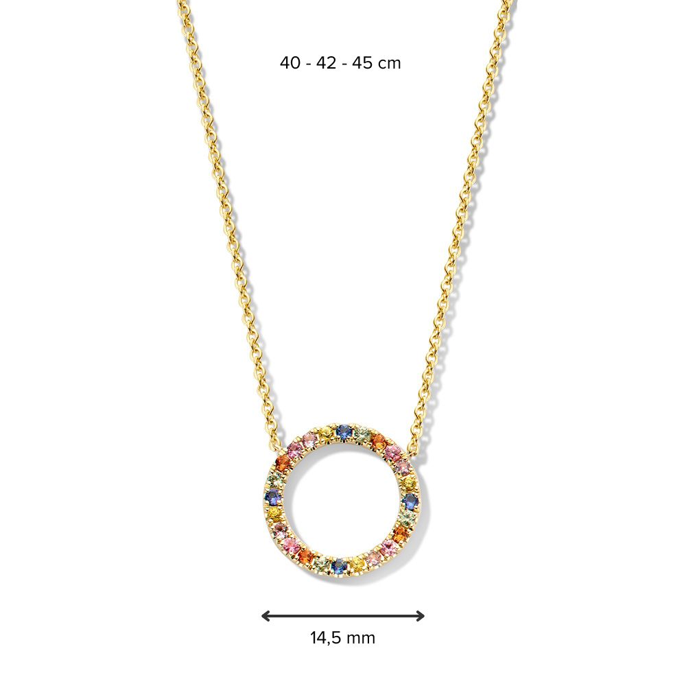 geelgoud collier met regenboogsaffier in ronde hanger - 14 karaat