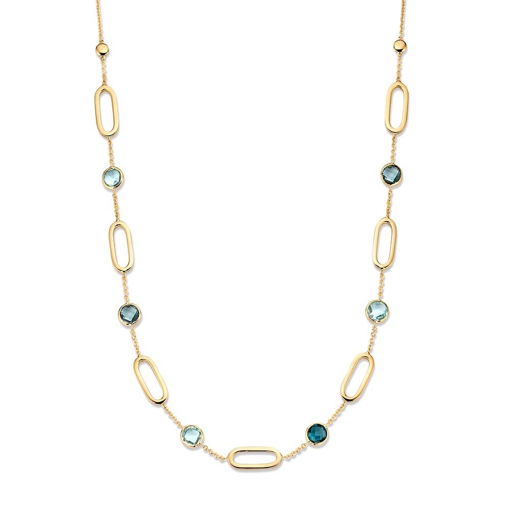 Geelgouden collier met ovale schakels en blauwe topaas en London Blue topaas, 14 karaat.