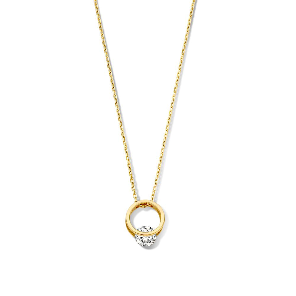 Geelgouden ketting met een speelse gouden hanger en een zirkonia, 14 karaat goud.