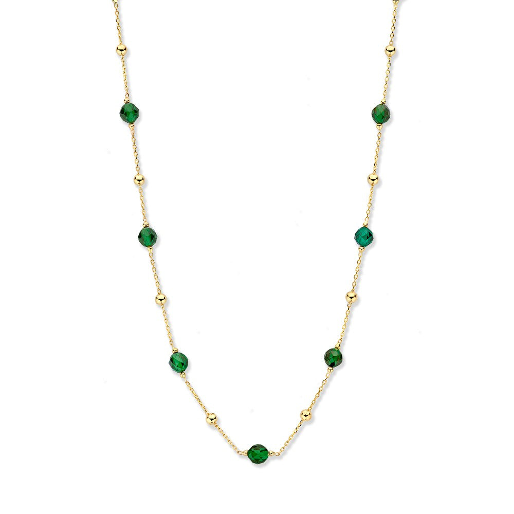 Geelgouden collier met gouden bolletjes en groene zirkonia, 14 karaat.