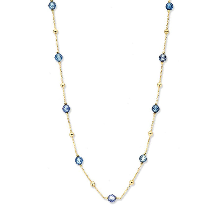 Geelgouden collier met gouden en blauwe zirkonia bolletjes - 14 karaat