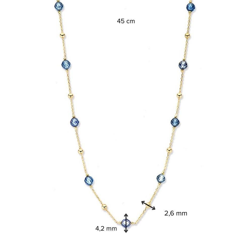 Geelgouden collier met gouden en blauwe zirkonia bolletjes - 14 karaat