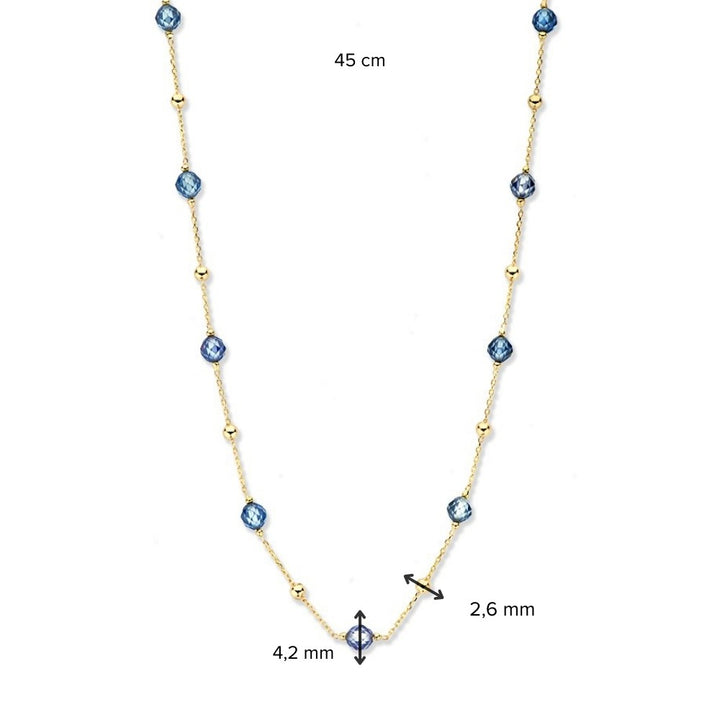Geelgouden collier met gouden en blauwe zirkonia bolletjes - 14 karaat