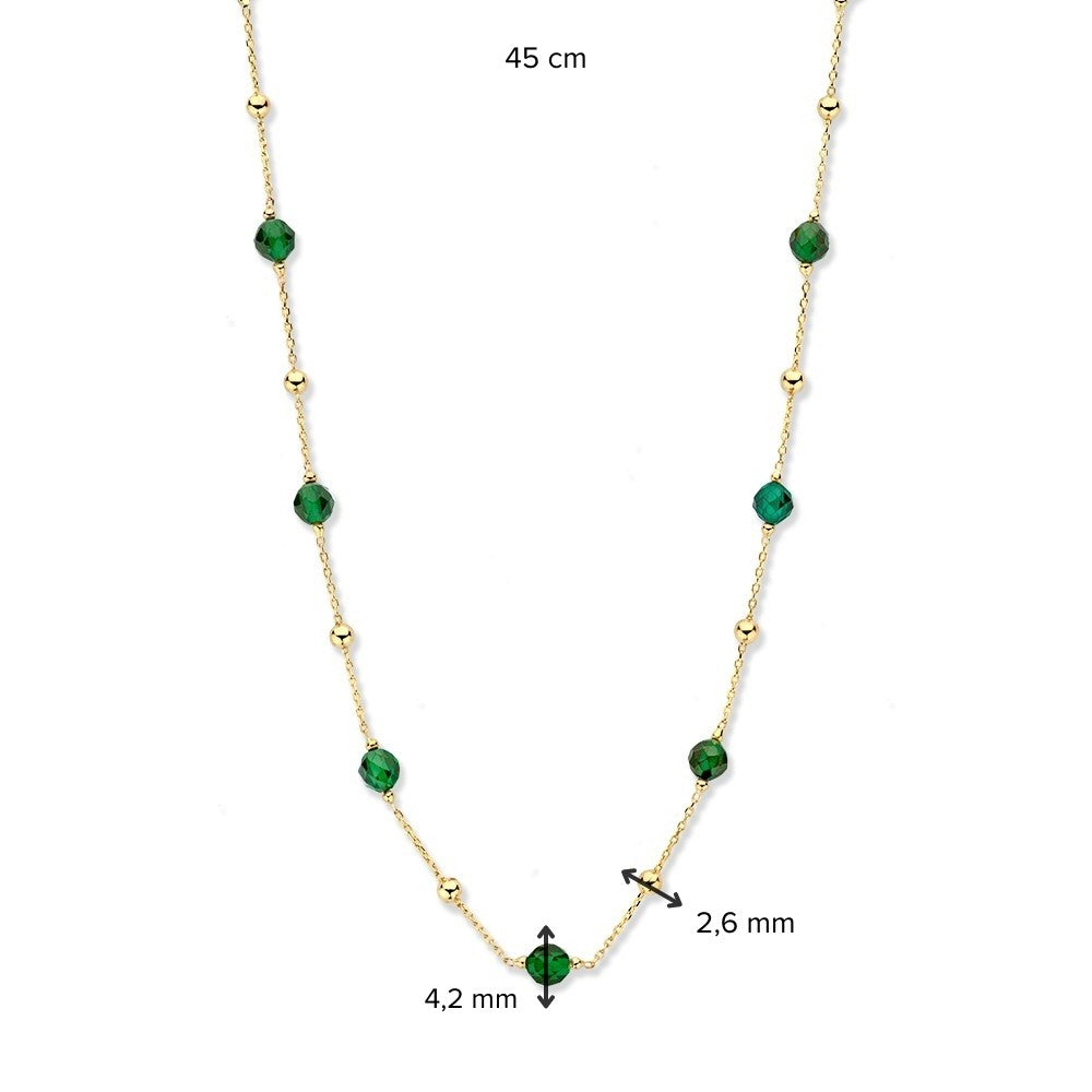 Geelgouden collier met gouden en groene zirkonia bolletjes - 14 karaat