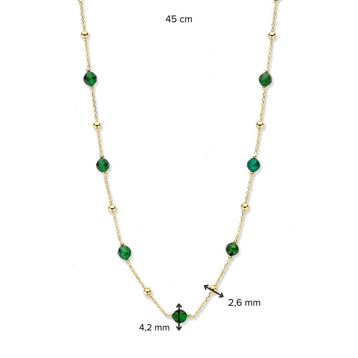 Geelgouden collier met gouden en groene zirkonia bolletjes - 14 karaat