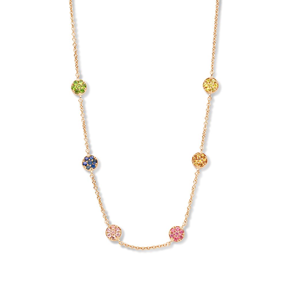 Roségouden collier met zeven ronde schakels, elk bezet met een multicolor saffier in verschillende kleuren.