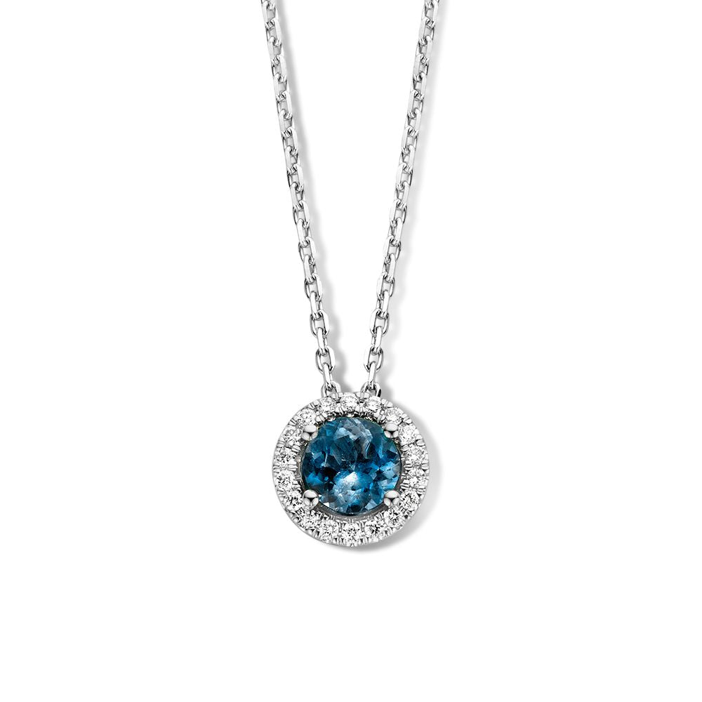 Schitterend witgouden collier met London blue topaas en diamanten - 14 karaat