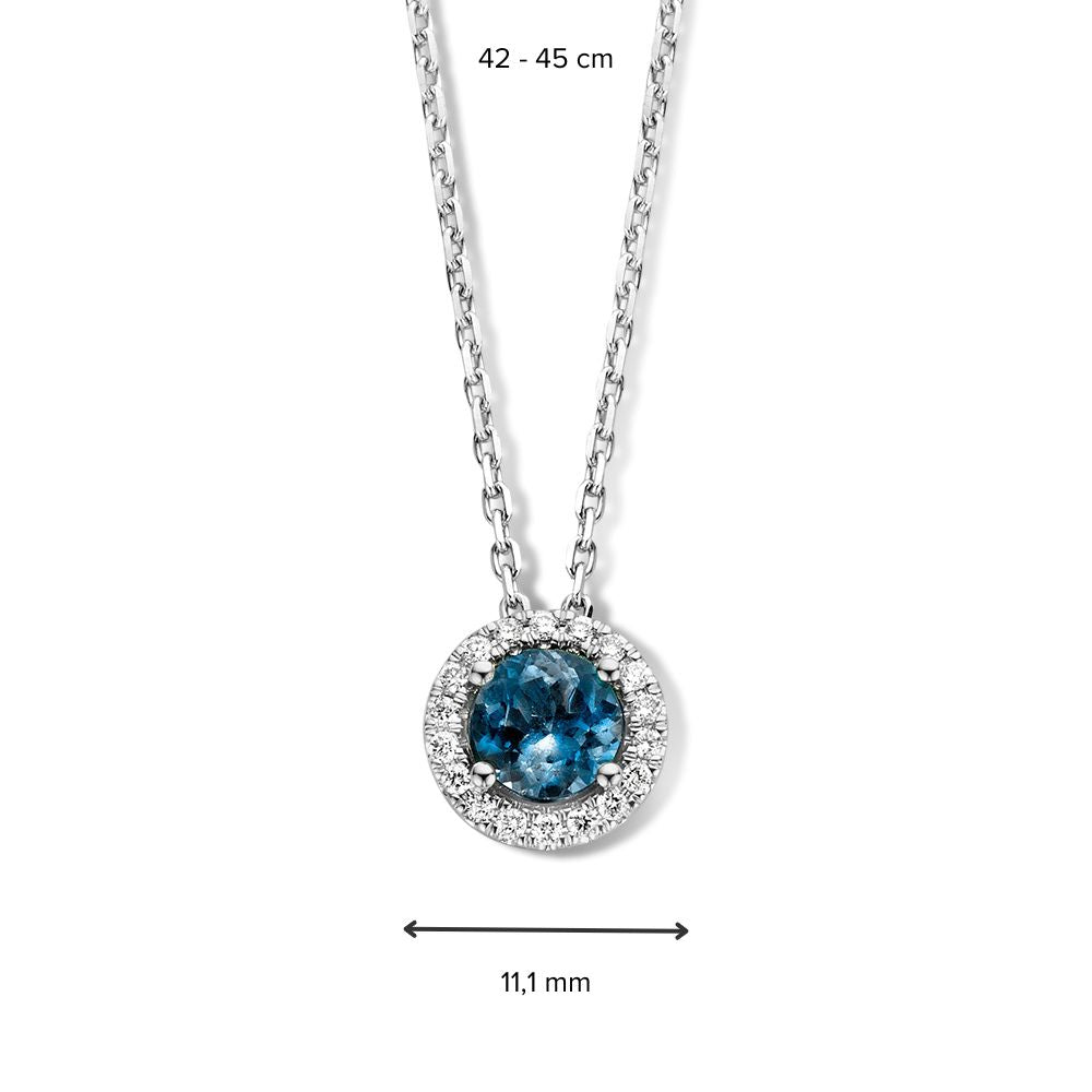 Schitterend witgouden collier met London blue topaas en diamanten - 14 karaat