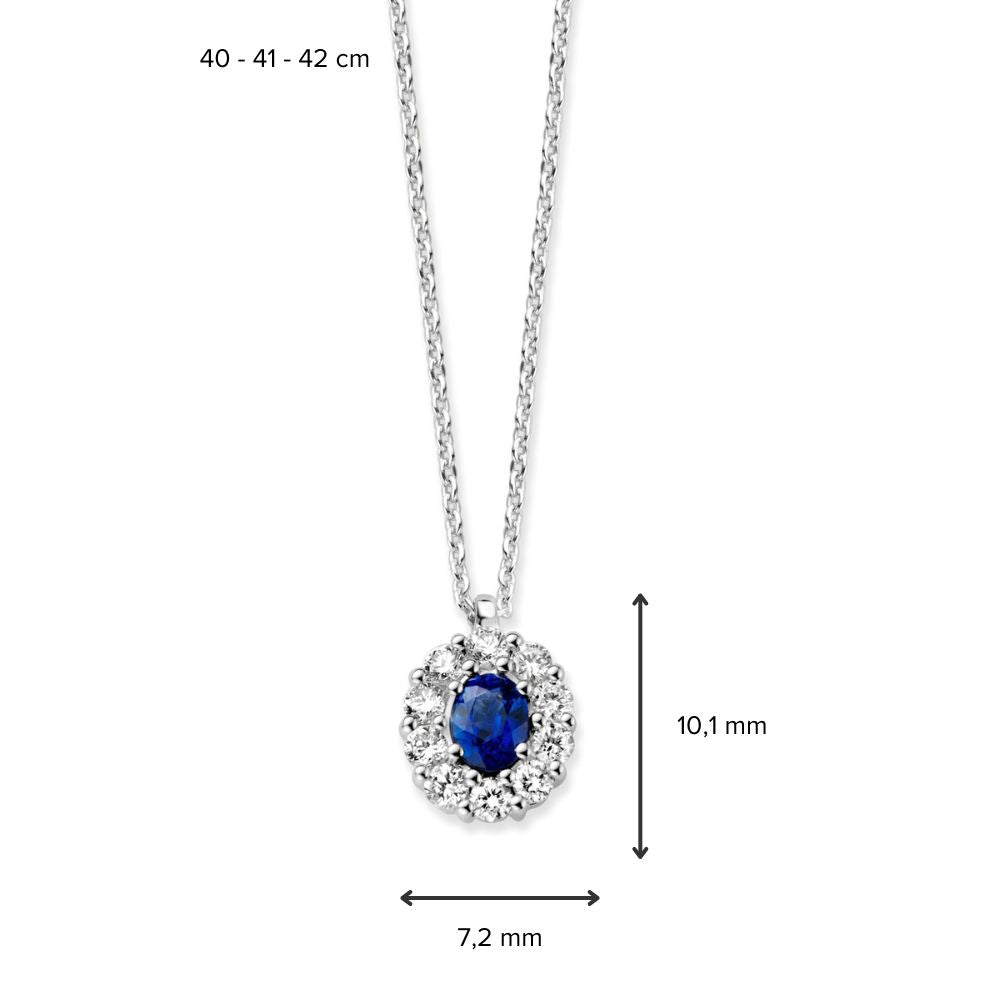 Witgouden collier met entourage hanger en saffier - 14 karaat
