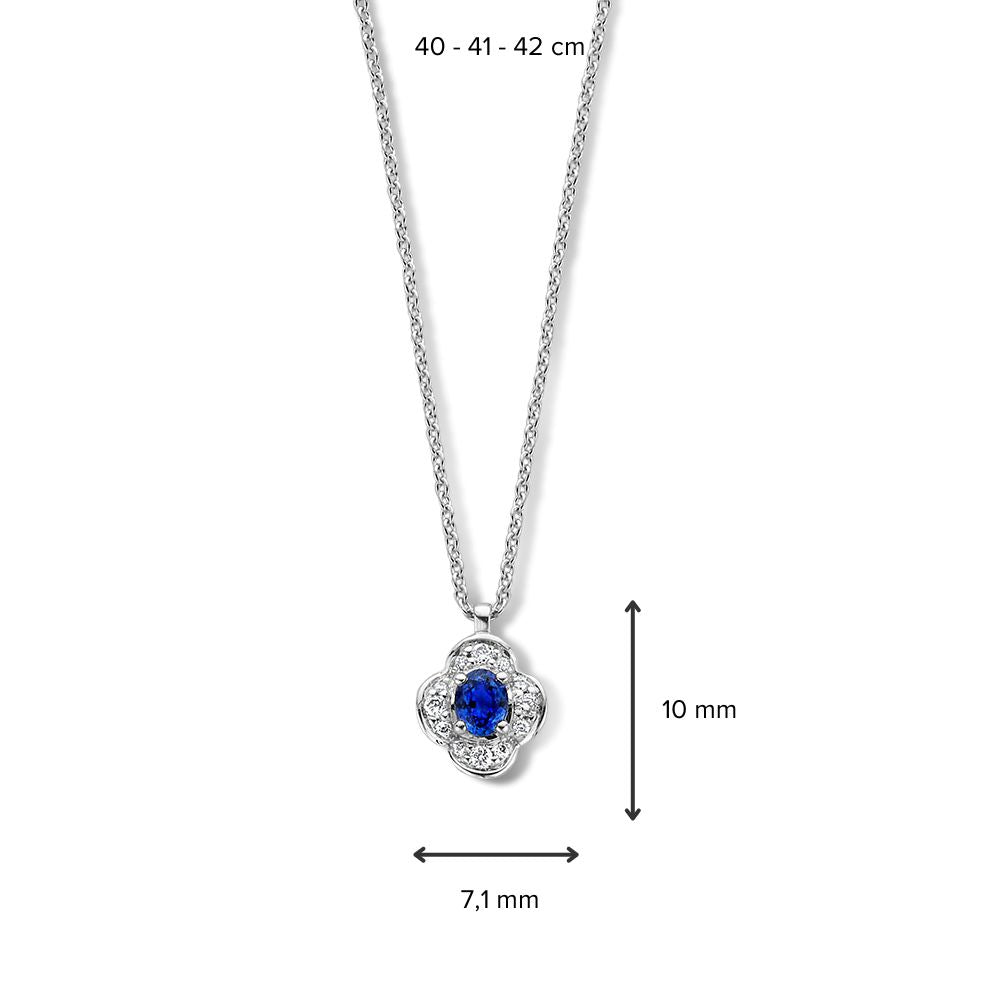 Witgouden collier met bloemhanger, blauwe saffier en diamant - 14 karaat