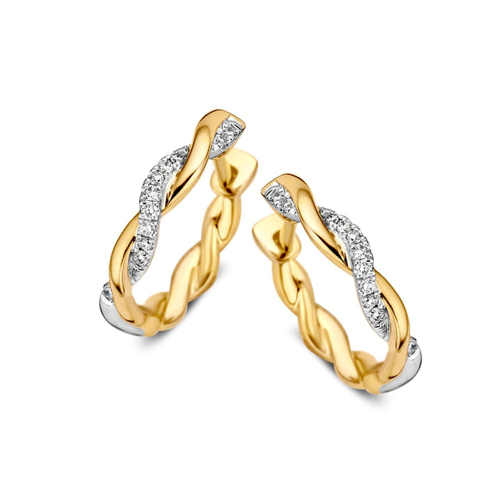 Bicolor Geel- en Witgouden Oorringen met Briljant Diamant – 14 Karaat Oorringen met 0.11 Carat Diamanten