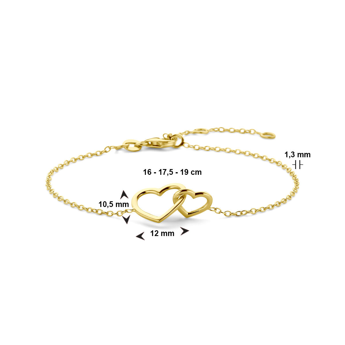 De Van der Kooij Collectie Gouden armband dames hartjes 14K heeft twee in elkaar grijpende hartjes van 12 mm breed, een ketting van 1,3 mm en verstelbare lengtes van 16, 17,5 of 19 cm - een ideaal Valentijn cadeau.