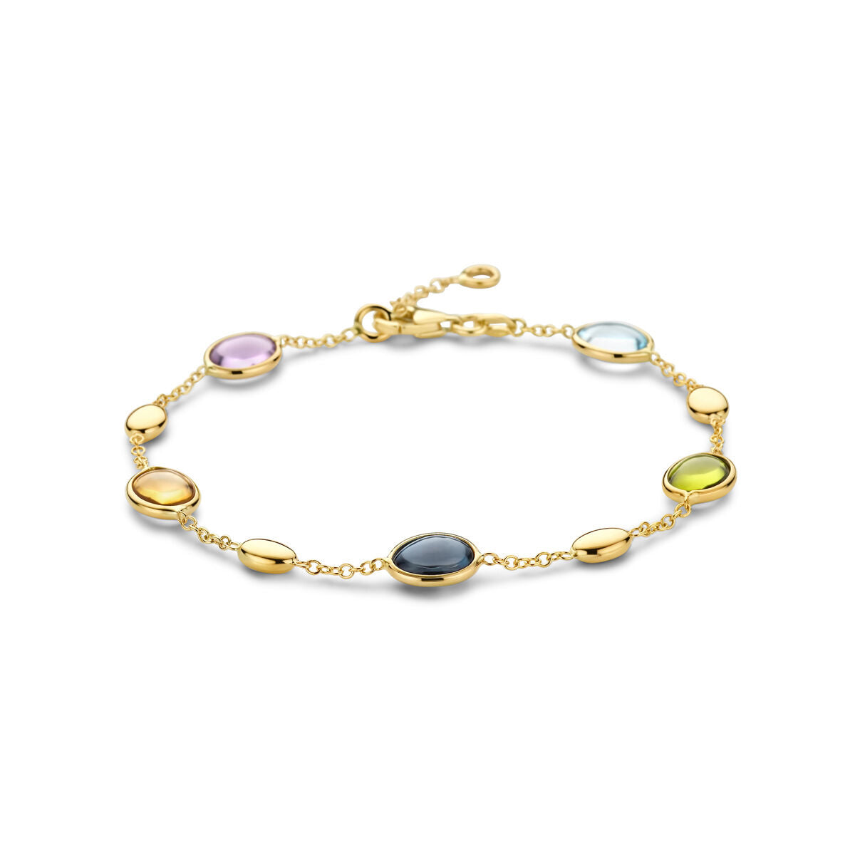 De Gouden armband dames natuurlijke kleurstenen 14K van Van der Kooij Collectie is een verfijnde 14K armband met zes ovale kleurstenen, gezet in een fijne ketting met kreeft sluiting en verstelbare extensie.