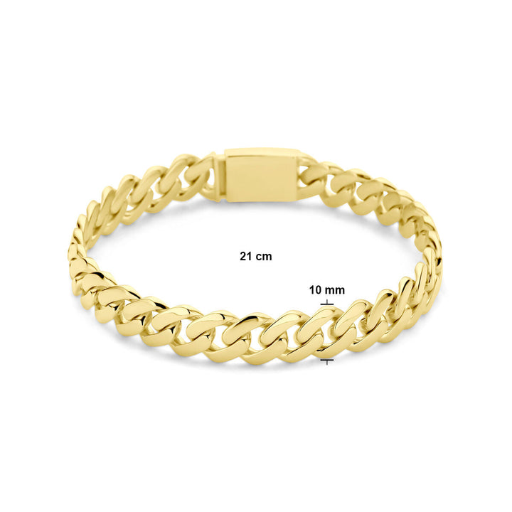 De Van der Kooij Collectie armband massief gourmette is een 21 cm, 10 mm brede heren armband in 18K geelgoud met een platte sluiting, afgebeeld met gemarkeerde maten in de afbeelding.