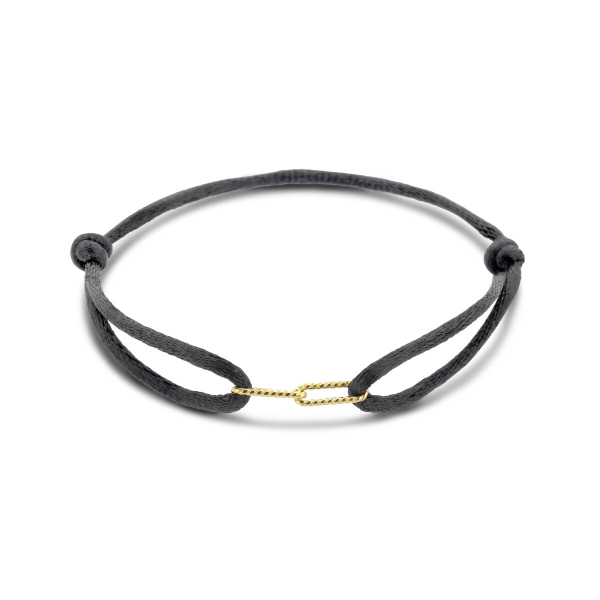 Armband van satijn met 14K gouden sluiting, afgewerkt met rubber en nylon in zwart.