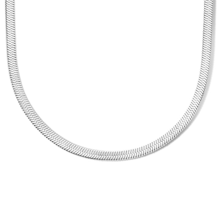 De Van der Kooij Collectie collier slang plat 4,2 mm 42 + 4 cm edelstaal dames ketting heeft een plat, glanzend visgraatmotief en is elegant weergegeven op een effen witte achtergrond in een brede, ondiepe curve.