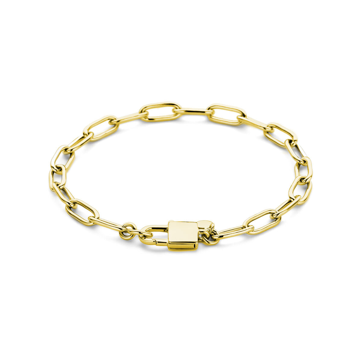 De Van der Kooij Collectie armband paperclip en slot 18 cm, 3 micron geel zilver verguld, heeft langwerpige schakel schakels en een rechthoekige padlock sluiting, afgebeeld op een witte achtergrond.