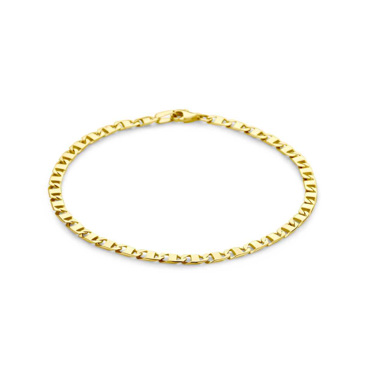 De armband 3,5 mm 14K geelgoud van Van der Kooij Collectie heeft platte rechthoekige ankerschakels en een kleine karabijnsluiting, afgebeeld op een witte achtergrond.