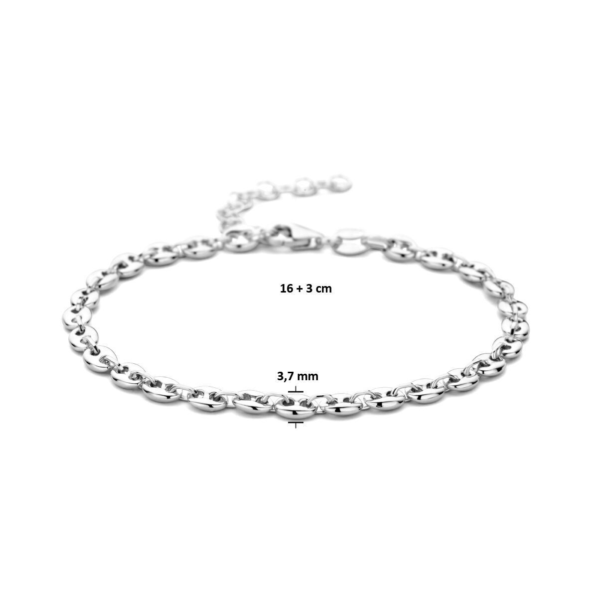 armband koffieboon 3,7 mm 16 + 3 cm zilver gerhodineerd