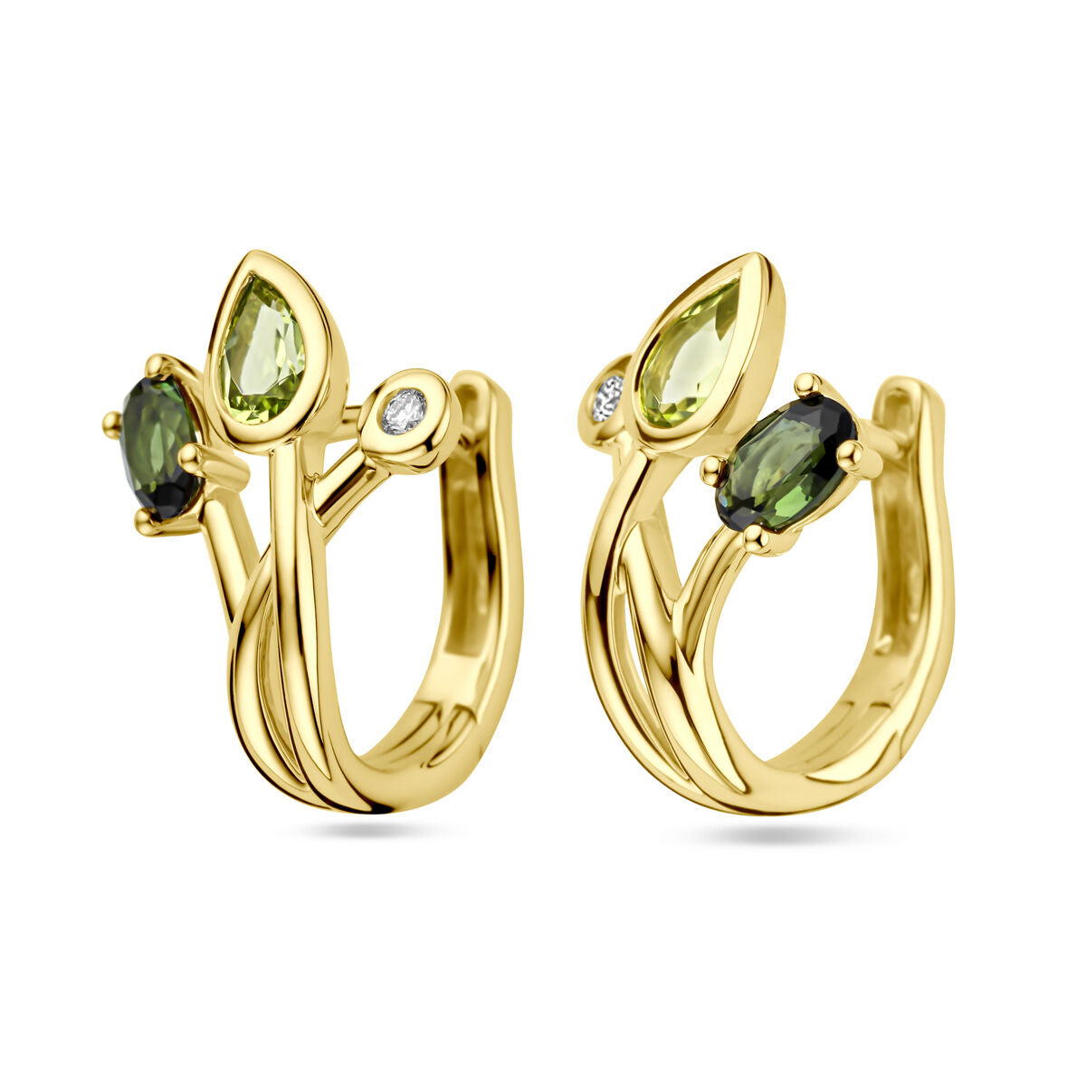 Klapoorringen van 14K geelgoud met groene toermalijn, peridot en een diamant van 0.03ct.