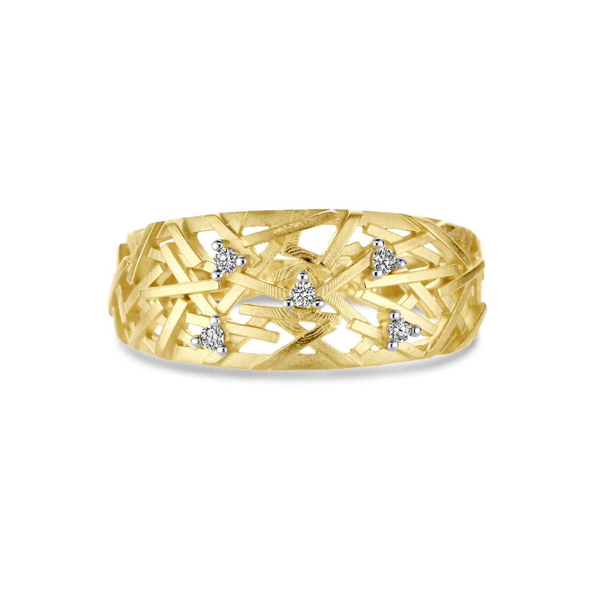 De Van der Kooij Collectie ring diamant 0,06ct H SI in 14K geelgoud is een damesring met een kriskras rasterdesign met kleine clusters van witte diamanten gezet langs de band.