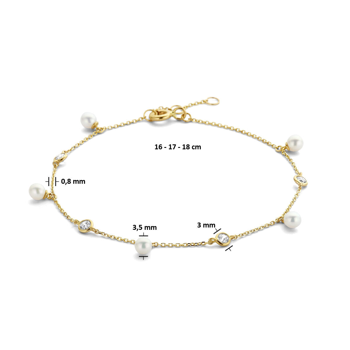 De Van der Kooij Collectie armband parel en zirkonia 16-17-18 cm is uitgevoerd in 14K geelgoud met vijf zoetwaterparels (3,5 mm, 3 mm) en kleine ronde zirkonia's. Voorzien van een sluiting, lengte gelabeld. Voorzien van een sluiting, lengte gelabeld.