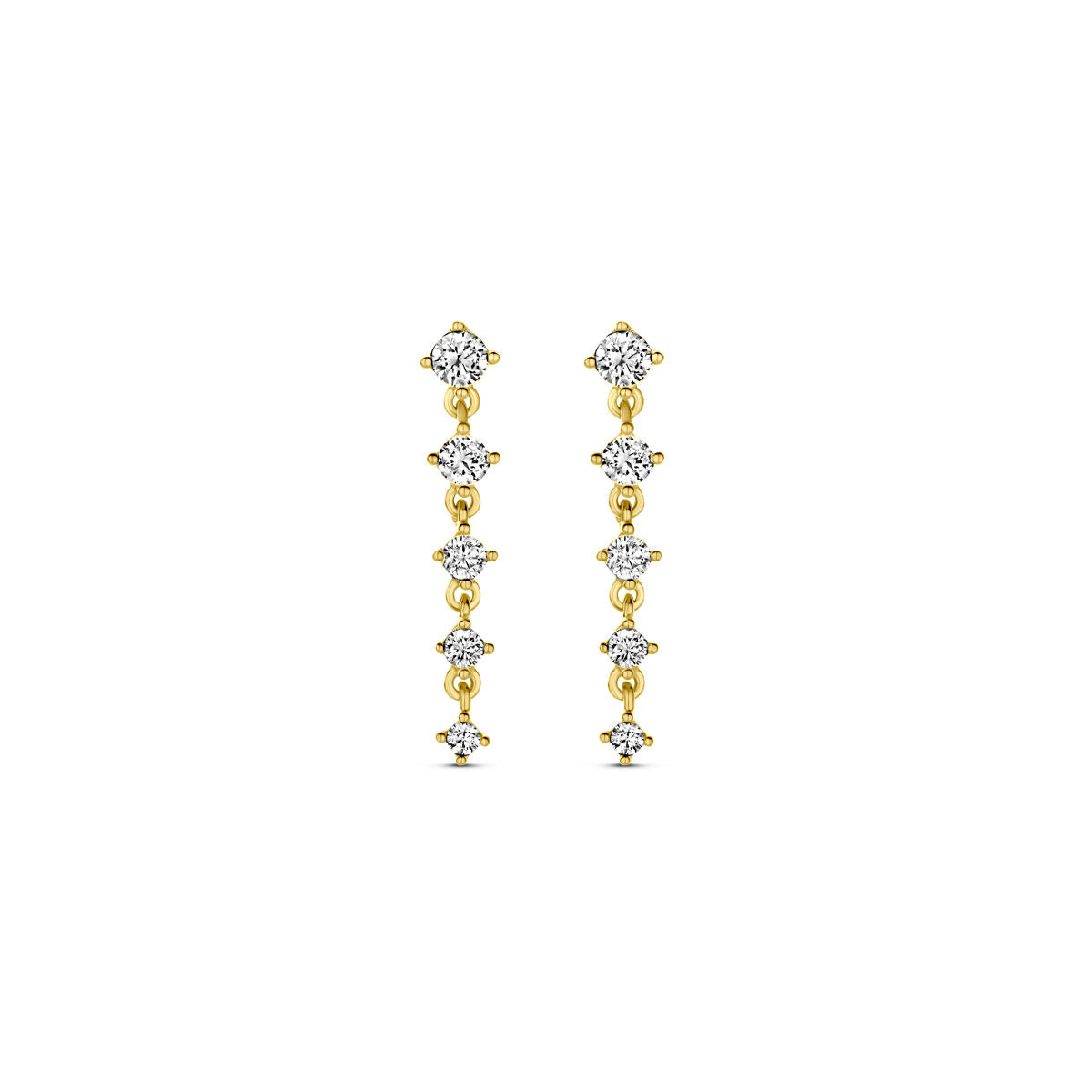 Oorhangers van 14K geelgoud met zirkonia, 19 mm lang, in een hangende ontwerp met meerdere steentjes.