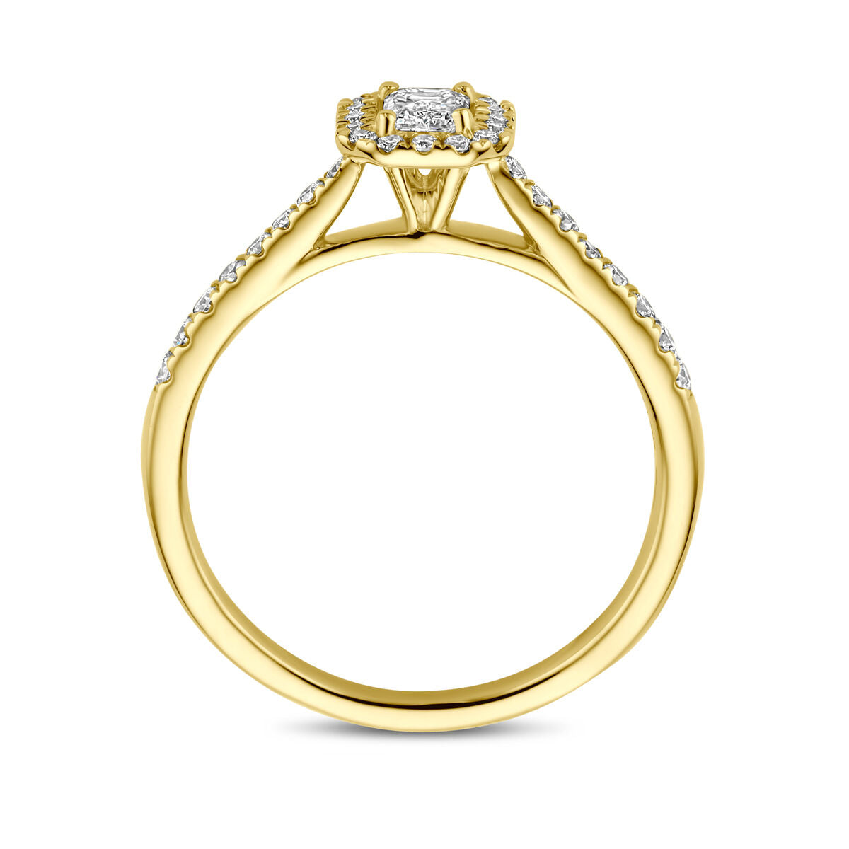 De Van der Kooij Collectie ring lab grown diamant 0,48ct h si in 14K geelgoud heeft een verhoogd vierkant clusterontwerp met accentdiamanten langs de band, waardoor een elegante look ontstaat vanaf de zijkant.