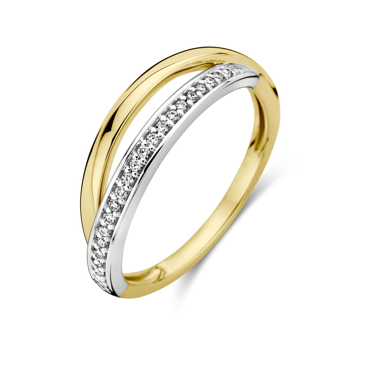 De Van der Kooij Collectie ring diamant 0.08ct H SI is vervaardigd uit 14K bicolor geel- en witgoud, met een modern gedraaid ontwerp en schitterende diamanten gezet in witgoud die kruisen over een gladde geelgouden band.