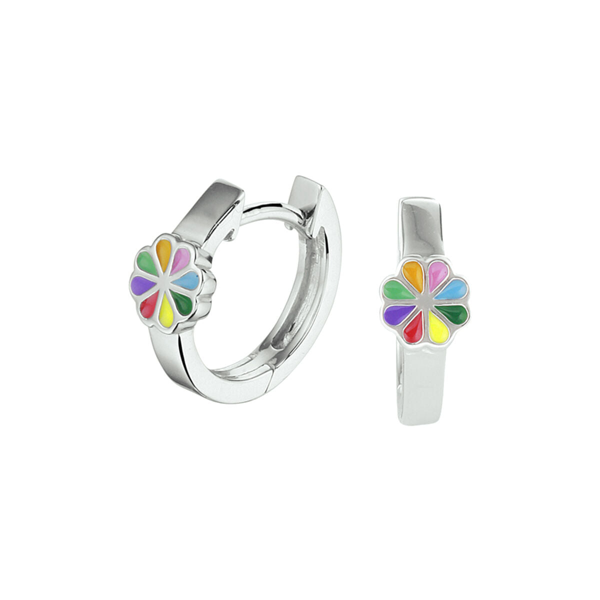 Zilveren klapoorringen met een kleurrijke bloemvormige hanger.