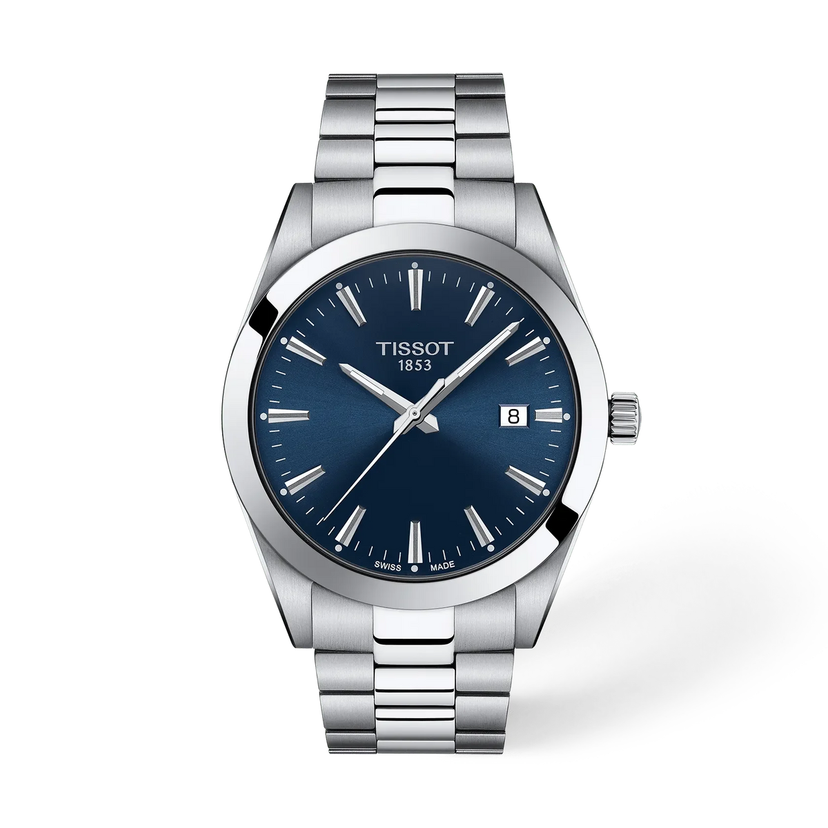 Stalen horloge met een blauwe wijzerplaat, zilveren indexen en een schakelband.