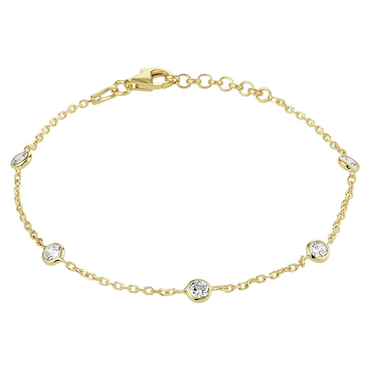 Vergulde zilveren armband met zirkonia, voorzien van een fijne schakel en vijf sprankelende steentjes.