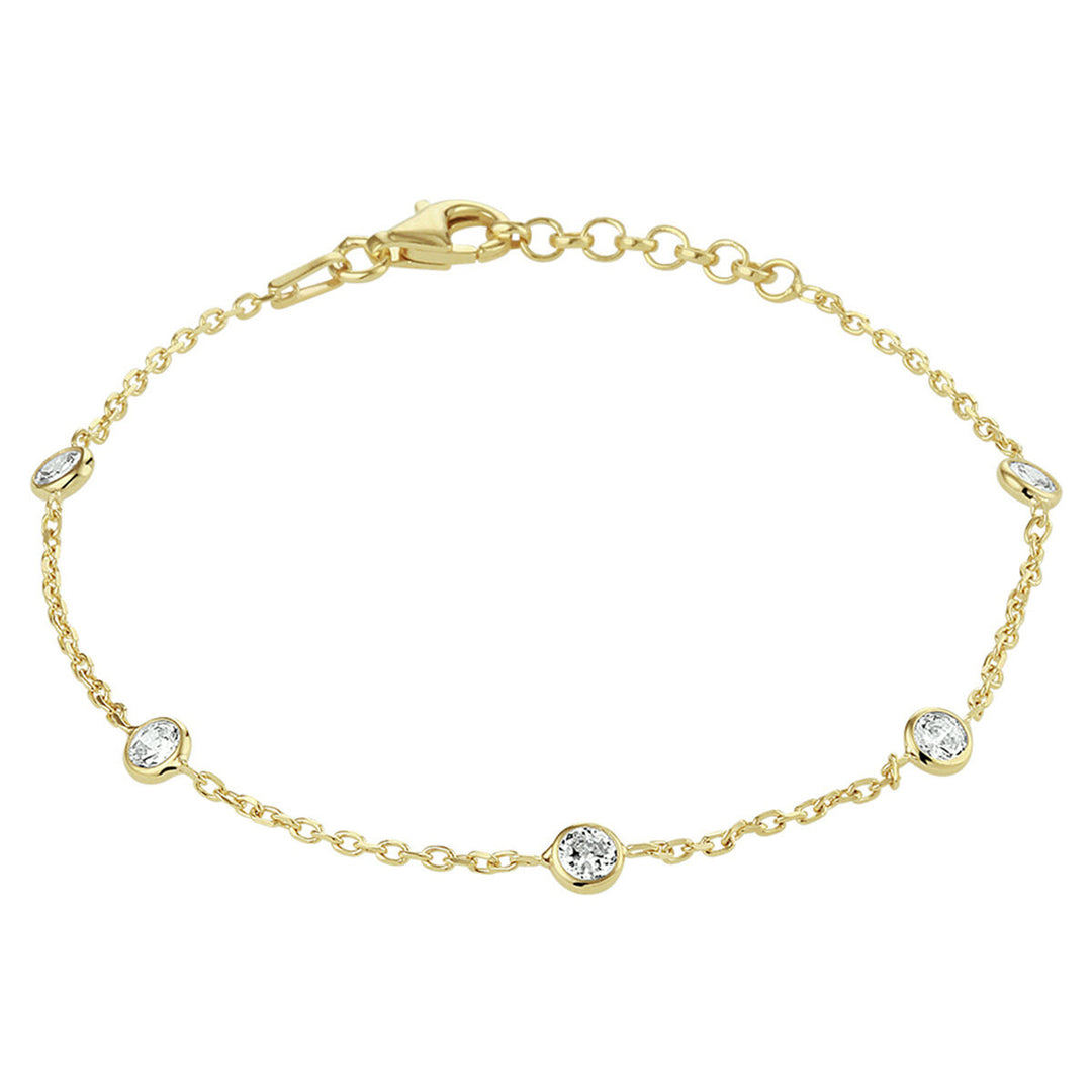 Van der Kooij Collectie armband zirkonia 17 + 2 cm, 3 micron geel verguld zilver met vijf bezel-gezette zirkonia's en verstelbare sluiting.