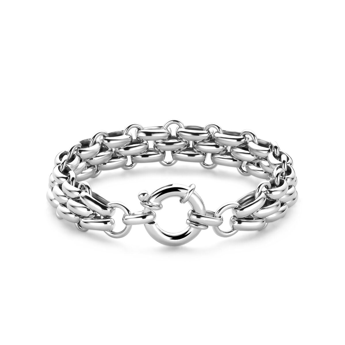 Gerhodineerde 925 zilveren armband met stevige schakels en een sluiting in de vorm van een ring.