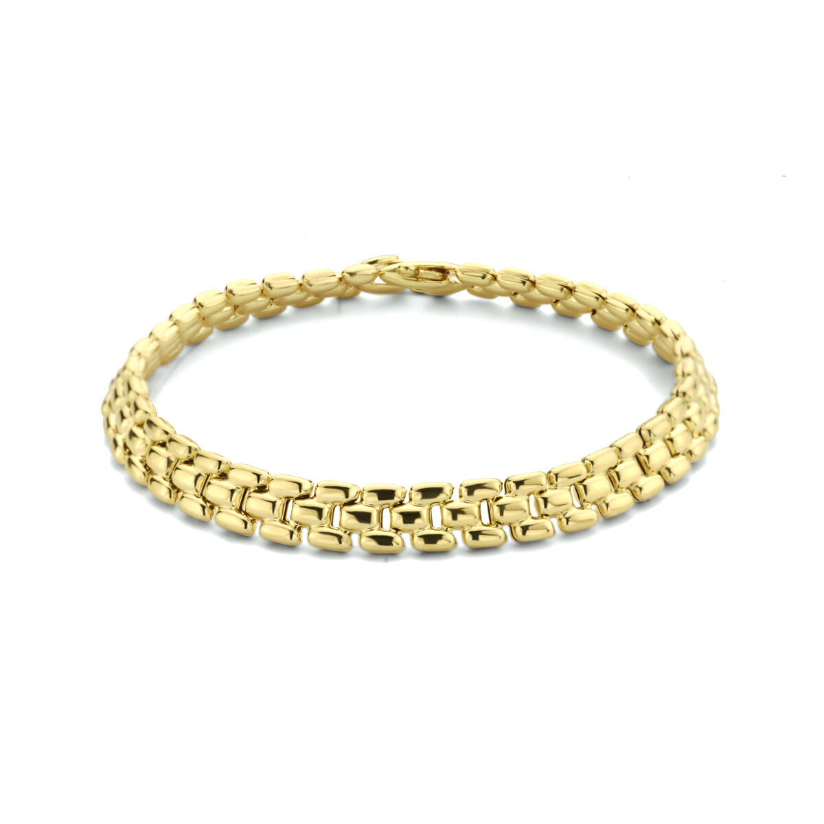 Armband van 3 micron zilver verguld in geel met een panterdesign, 6,9 mm breed en 19 cm lang.