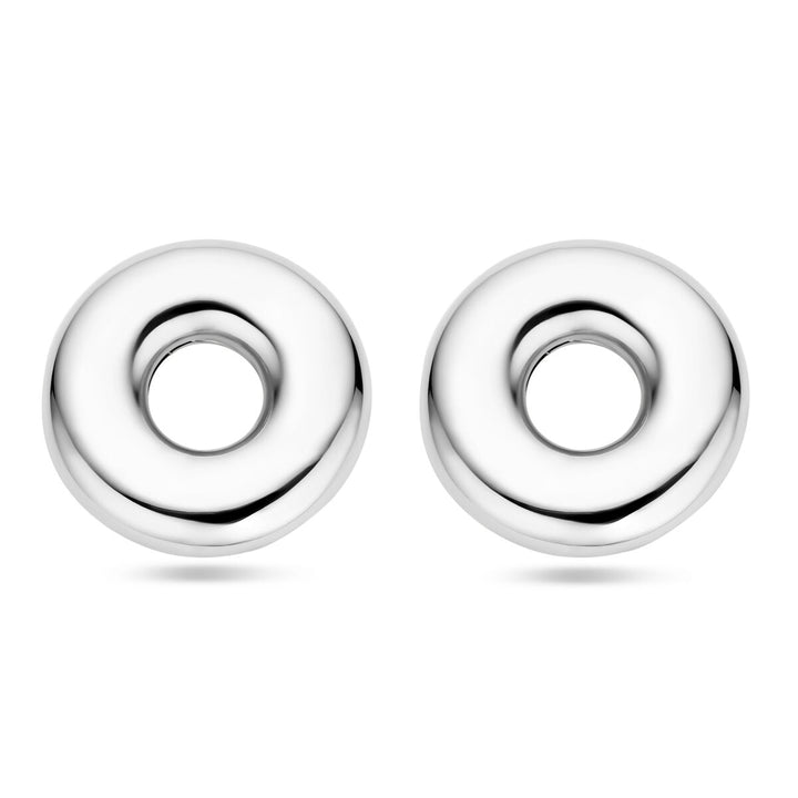 Een paar Van der Kooij Collectie oorknoppen 32 mm, vervaardigd uit gerhodineerd zilver en voorzien van een centraal gat, zijn afgebeeld op een witte achtergrond.
