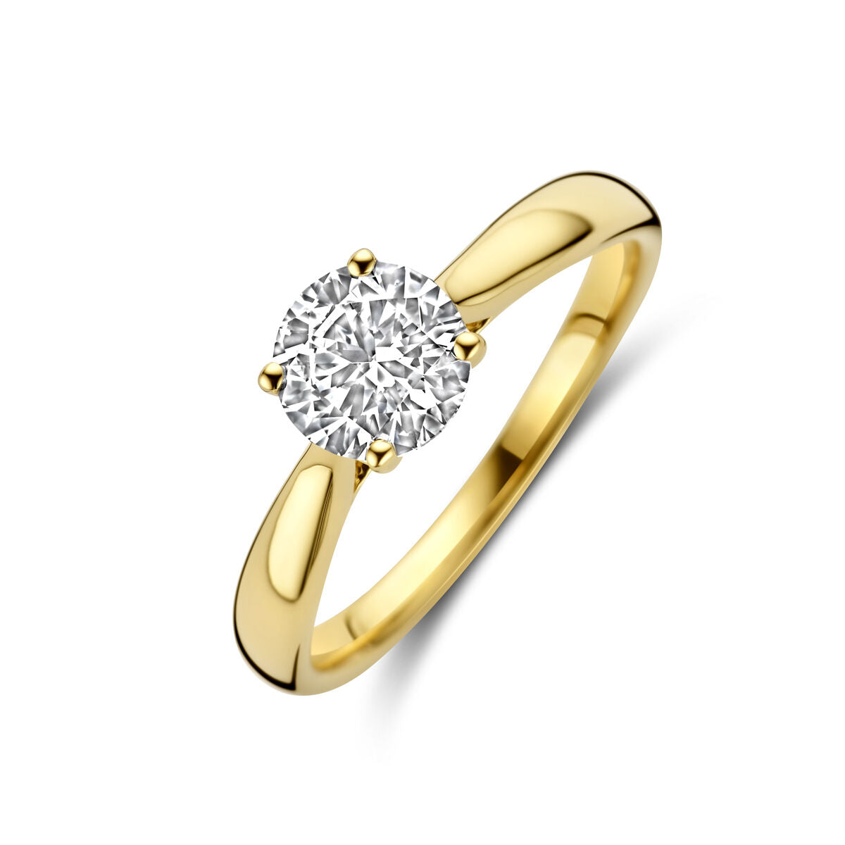 De Van der Kooij Collectie ring lab grown diamant 1.0ct h si 14K geelgoud is een geelgouden ring met een enkele rondgeslepen lab-grown diamant in een vier tand zetting, afgebeeld op een witte achtergrond.