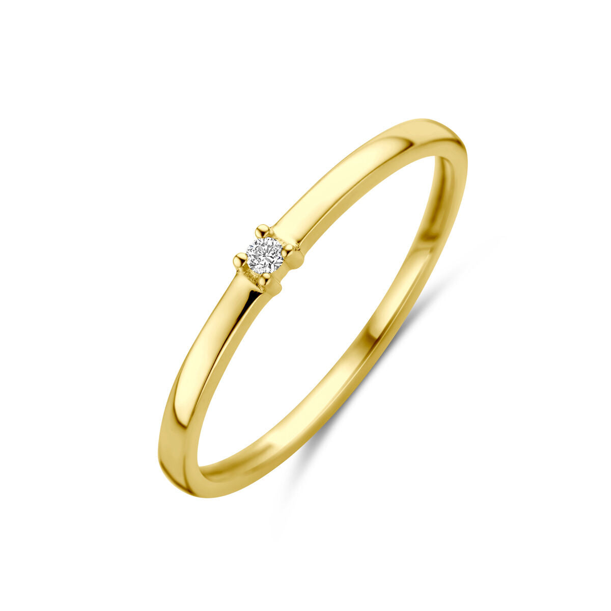 Geelgouden ring met een enkele diamant van 0.02 ct, minimalistisch ontwerp met een gladde afwerking.