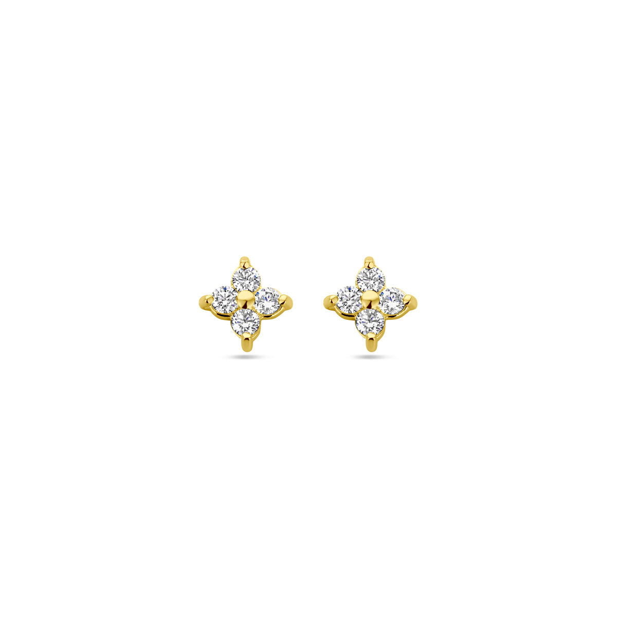 Een paar Van der Kooij Collectie oorknoppen bloem zirkonia 1 micron zilver verguld (geel) oorbellen, elk met vier ronde heldere zirkonia in een klavervormig ontwerp, afgebeeld op een witte achtergrond.
